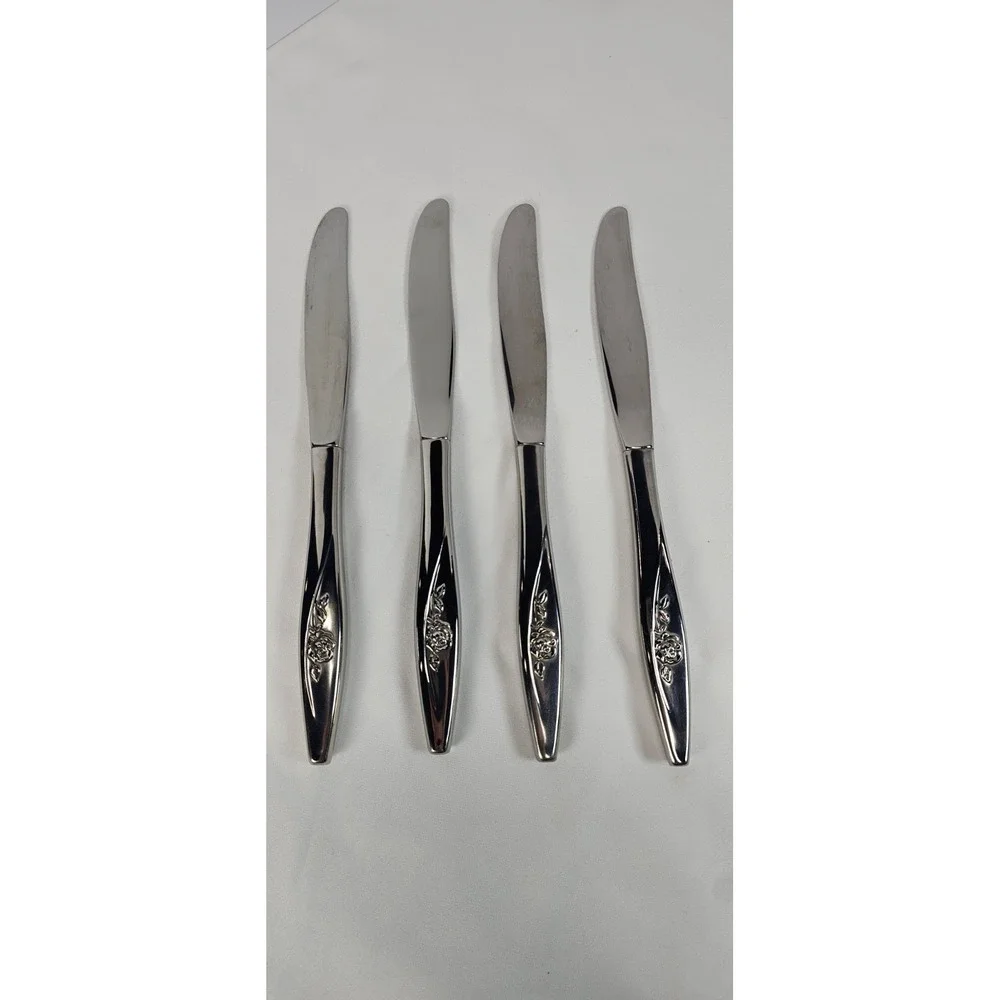 Oneida Lasting Rose Stainless Steel Dinner Knives 4 Glossy Floral Flatware 8.5